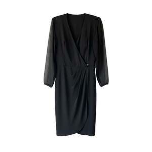 Vintage 80s BB Collections Black Faux Wrap Sheath Dress with Sheer Sleeves